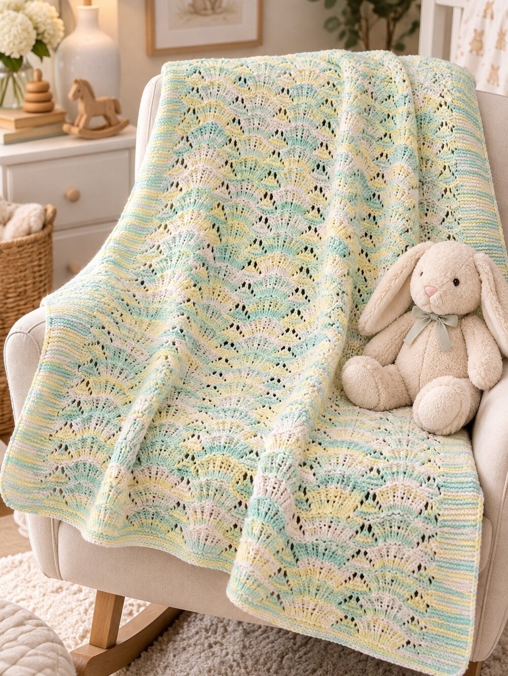Handmade Crochet Baby Blanket Pastel Mint Yellow White 48x42 Nursery